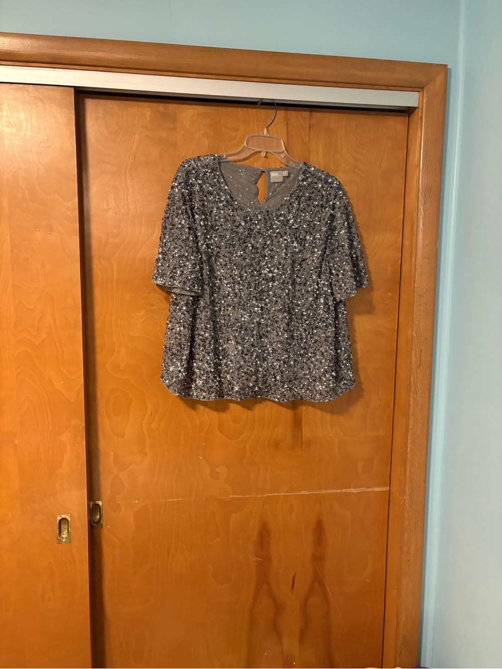 ASOS Silver Sequin Short Sleeve Top